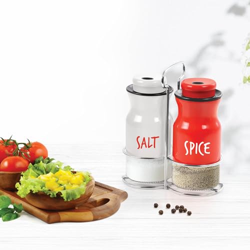 Treo By Milton Zingy Salt and Pepper Shakers Set with Adjustable Pour Holes & Stand, Glass Bottom Spice Dispenser, Set of 2, Red & White, Seasoning Condiment for Kitchen Dining Restaurant - Image 3