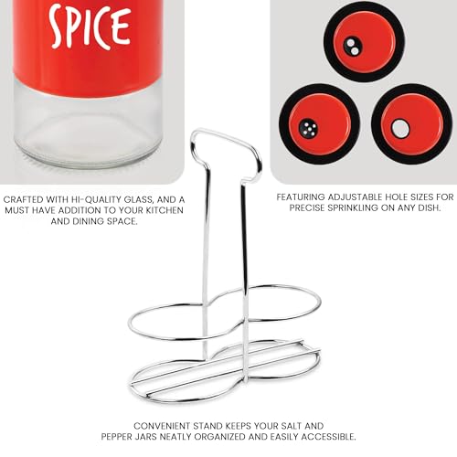 Treo By Milton Zingy Salt and Pepper Shakers Set with Adjustable Pour Holes & Stand, Glass Bottom Spice Dispenser, Set of 2, Red & White, Seasoning Condiment for Kitchen Dining Restaurant - Image 4