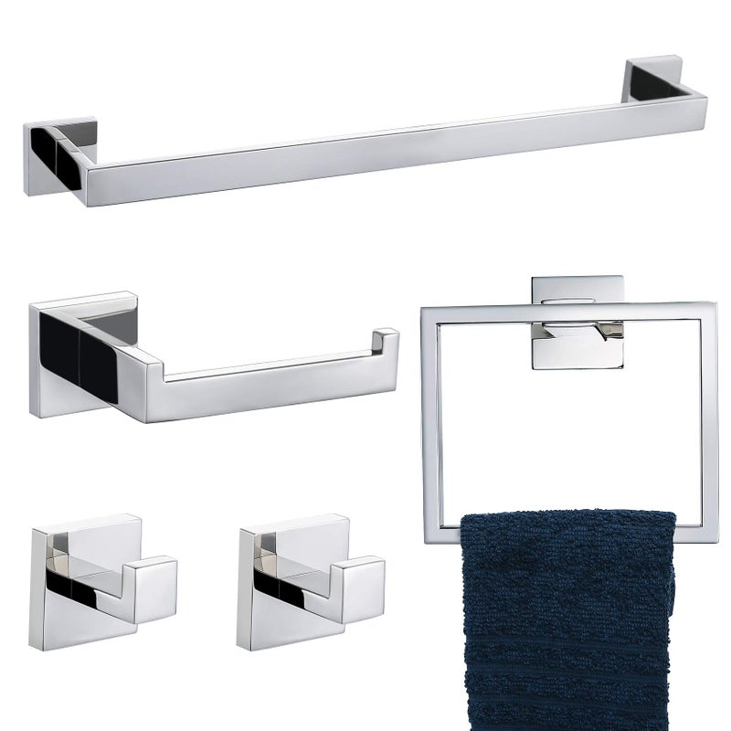 TNOMS Bathroom Hardware Accessories Set Polished Chrome Towel Bar Sets Include Towel Bar Towel Holder Toilet Paper Holder Towel Hook5 Pieces Stainless Steel Wall Mounted