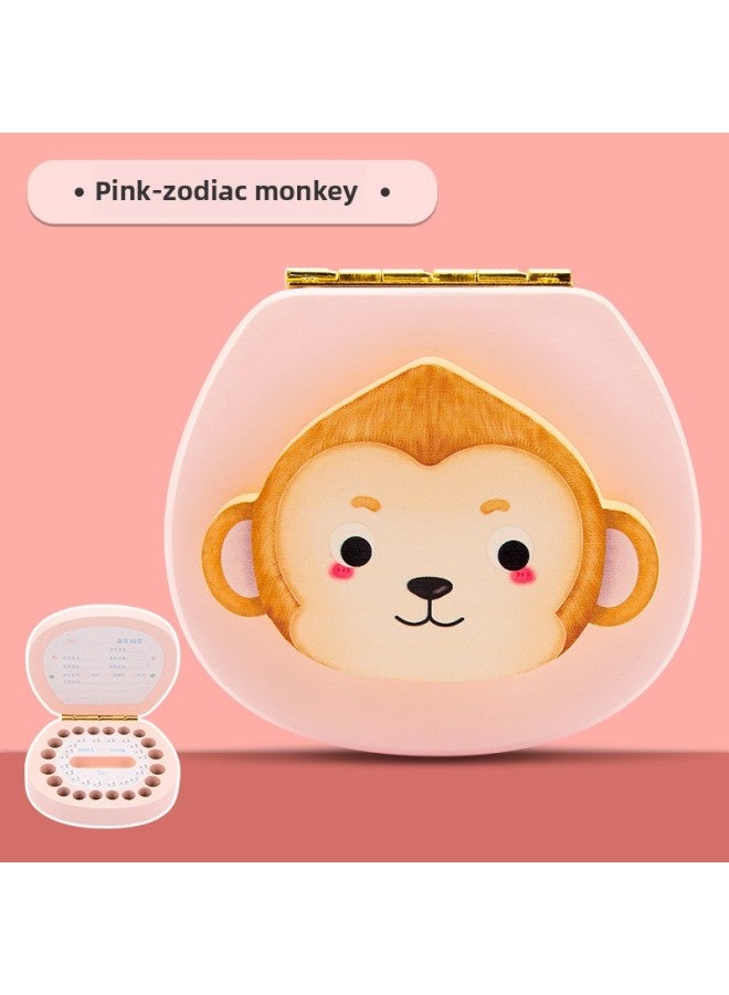 Baby Deciduous Teeth Storage Box Q Version Baby Lanugo Hair Collection Box Children's Teeth Changing Storage Commemorative Box Wooden-Color:Pink-Monkey  - Image 1