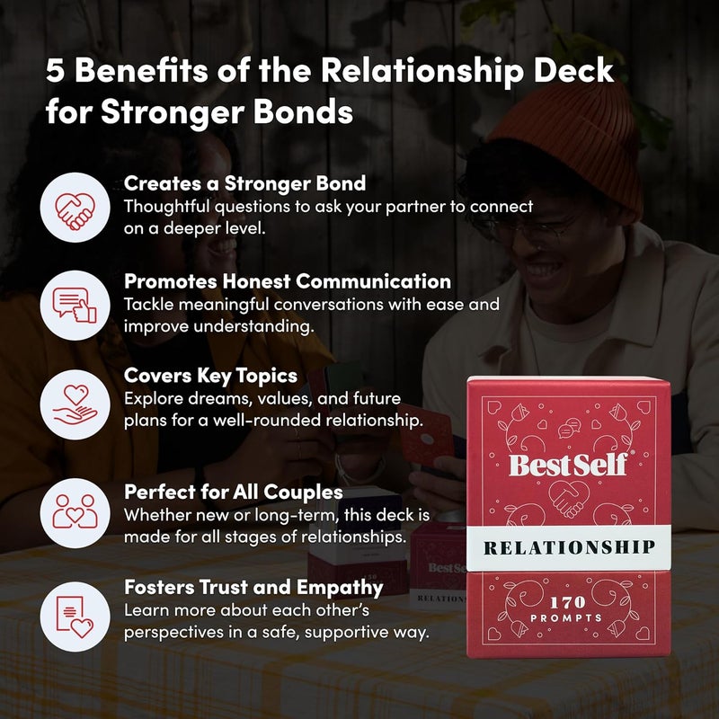 BestSelf Co. أفضل مجموعة بطاقات العلاقات BestSelf 170 محفزات نقاش لبدء المحادثات للأزواج - ألعاب بطاقات مثالية للبالغين، هدايا رومانسية - Image 2