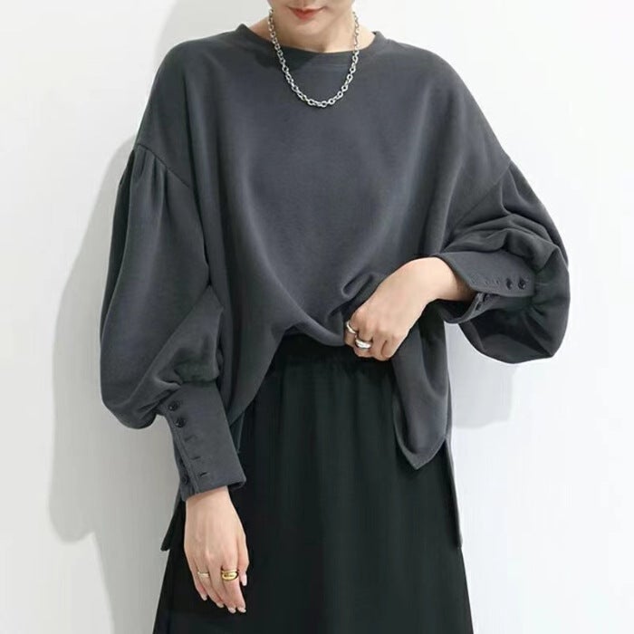 Loose Womens Sweatshirt round Neck Lantern Sleeve Design Simple Pure Color New Arrival Korean Style Comfortable Pullover Top Dark gray