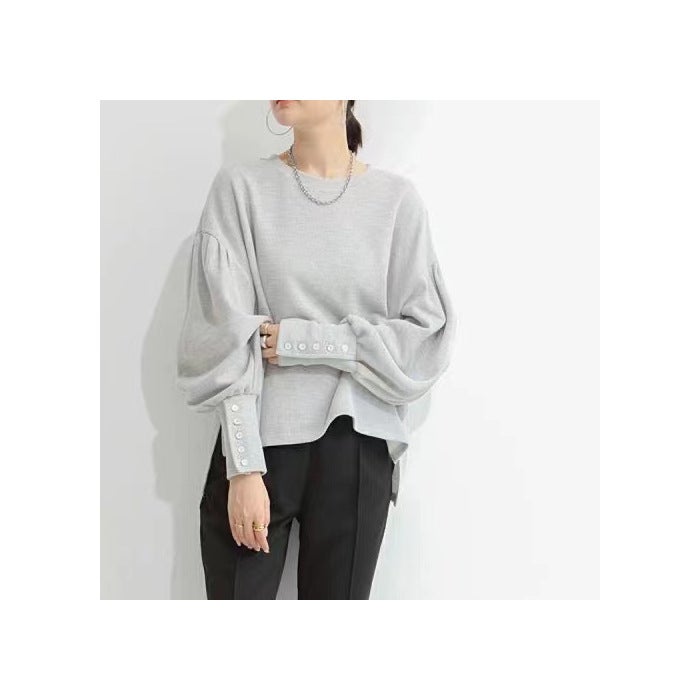 Loose Womens Sweatshirt round Neck Lantern Sleeve Design Simple Pure Color New Arrival Korean Style Comfortable Pullover Top Dark gray