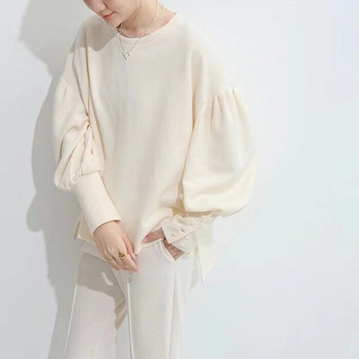 Loose Womens Sweatshirt round Neck Lantern Sleeve Design Simple Pure Color New Arrival Korean Style Comfortable Pullover Top Dark gray