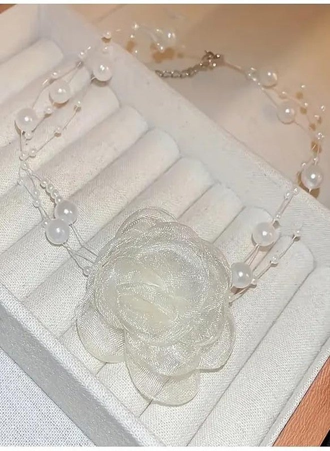 زيوري قلادة تشوكر مزينة باللؤلؤ ومطرزة بالزهور من زيوري، وقلادة ربطة عنق بيضاء مزينة بالزهور من الدانتيل، مناسبة للعروس وحفلات الزفاف، للنساء والفتيات المراهقات، من عمر 14 سنة فما فوق. - Image 5
