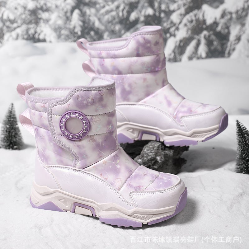 2024 Winter Girls Cotton Shoes Boys Snow Boots Non-Slip Crampon Children High-Top Warm Fleece-Lined Waterproof Cotton Shoes - Image 2