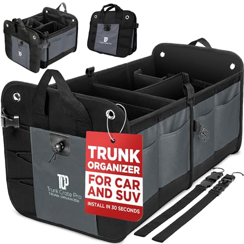 TRUNKCRATEPRO Trunk Organizer For Car Suv Truck Premium Adjustable Multi Compartments Collapsible Car Trunk Organizer With Securing Straps NonSlip Bottom Large Size Grey