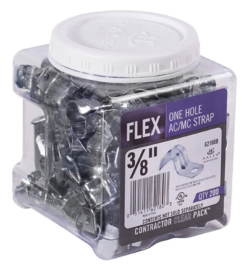 Halex – 3/8 Inch Flexible Metal Conduit (FMC) – 1 Hole Straps – 62180B – 200 Per Pack – Silver - Image 1