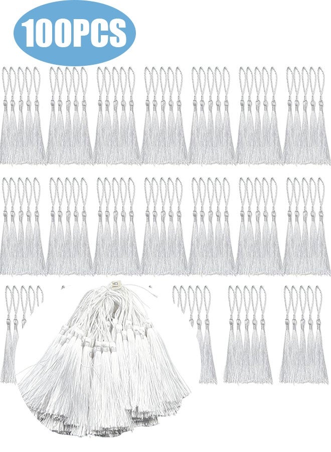 Happy D 100 pieces of 13 cm / 5 inch silky dental floss bookmarks with tassels, with 2-inch cord loops and small Chinese knots, for jewelry making, souvenirs, bookmarks, DIY craft accessories (white) - Image 1
