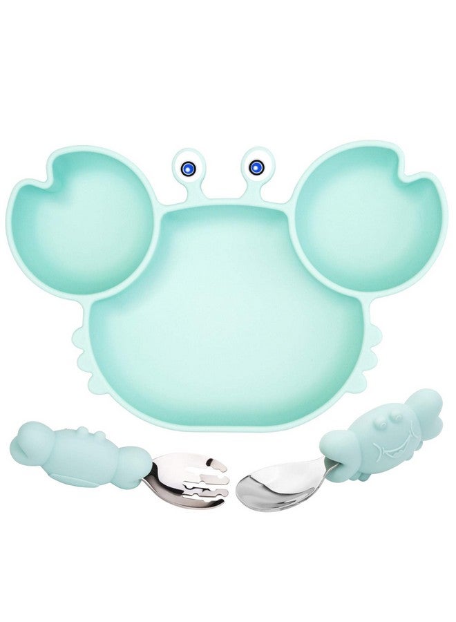 Linowos Silicone Suction Plate for Toddlers with Fork Spoon Set - Self Feeding Training Divided Plate Dish and Bowl for Baby and Toddler, Fits for Most Highchairs Trays (Cyan) - Image 1