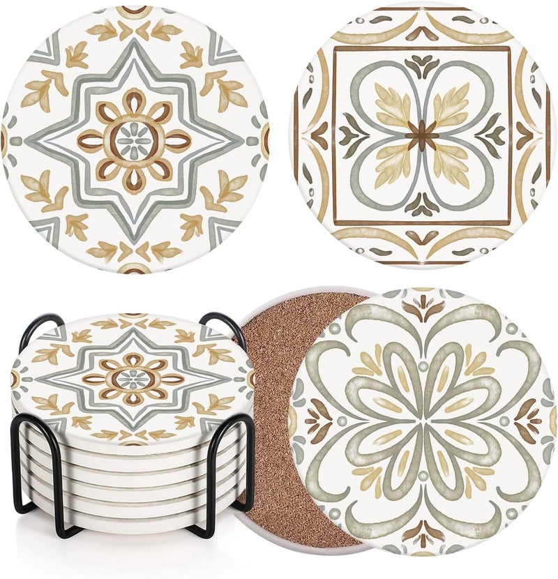 Bribay Coaster for Drinks Set of 6, Ceramic Gray Moroccan Talavera Absorbent Round Ceramic Stone Mat, with Cork Base and Metal Holder, Gift for Housewarming Room Bar Decor - Image 1