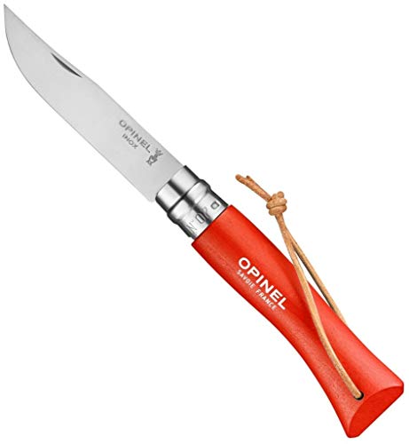 Opinel Colorama No.07 Folding Pocket Knife, Painted Wood Handles, Leather Lanyard (Orange) - Image 1