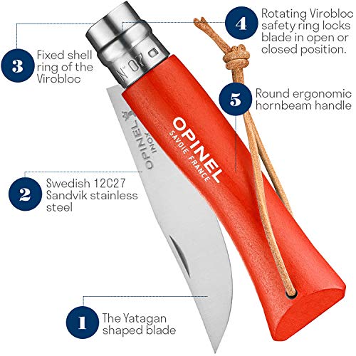 Opinel Colorama No.07 Folding Pocket Knife, Painted Wood Handles, Leather Lanyard (Orange) - Image 4