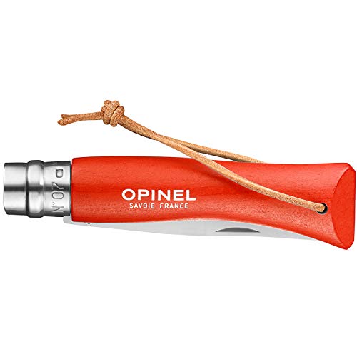 Opinel Colorama No.07 Folding Pocket Knife, Painted Wood Handles, Leather Lanyard (Orange) - Image 2