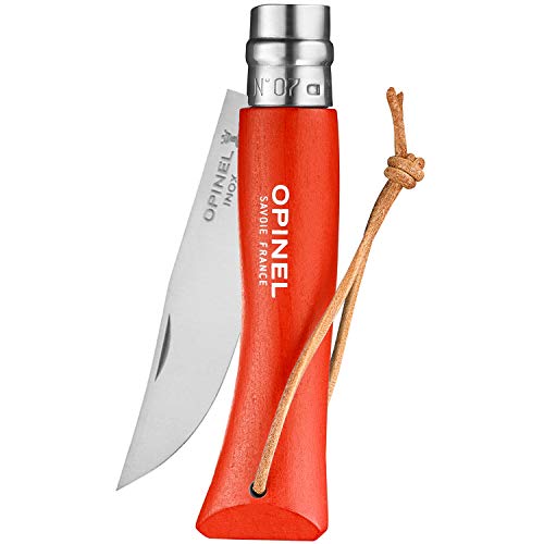 Opinel Colorama No.07 Folding Pocket Knife, Painted Wood Handles, Leather Lanyard (Orange) - Image 3