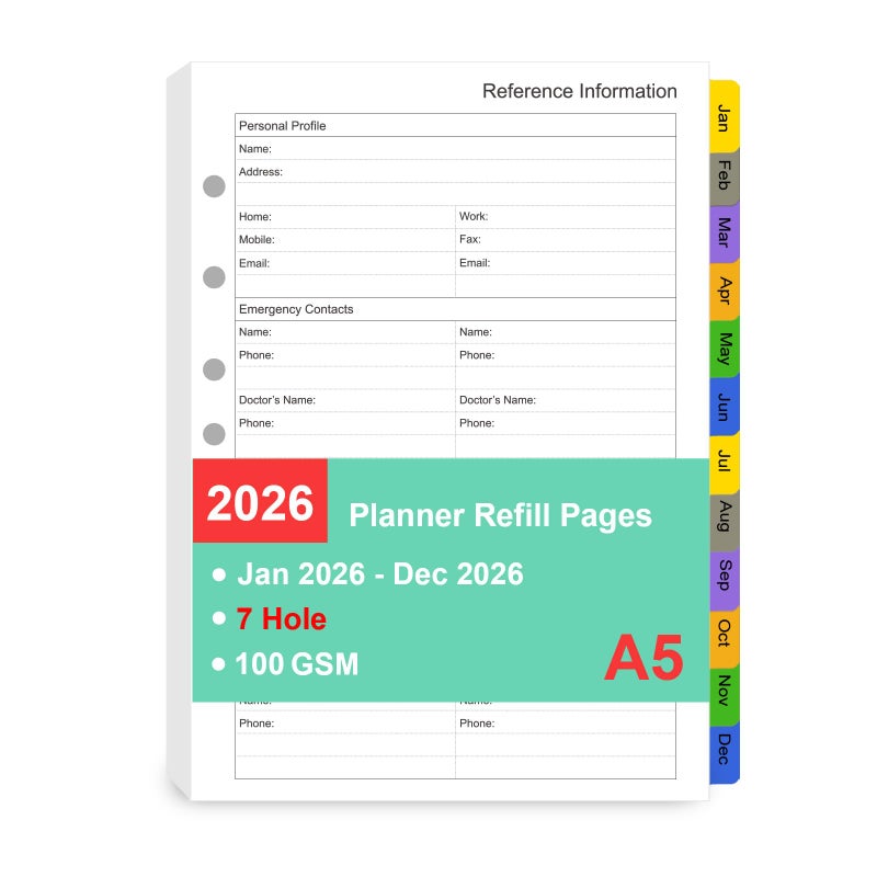 Tiankool 2026 Planner Refill for A5 7-Ring Binder,Weekly & Monthly Planner Inserts Runs from Jan 2026 to Dec 2026, 5-3/4" x 8-1/4" - Image 1