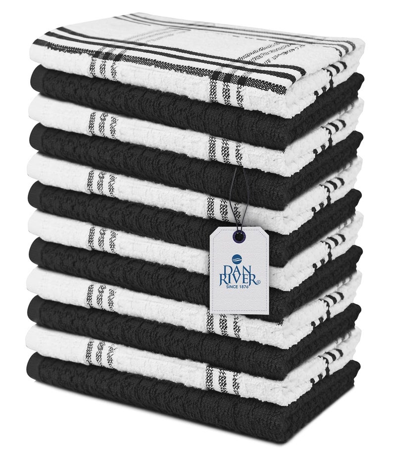 DAN RIVER Kitchen Wash Cloths for Dishes  Pack of 12 16x26 Inches  Super Soft Highly Absorbent Quick Dry Smell Free Rags Kitchen Towels and Dishcloths Sets for Cleaning  Black
