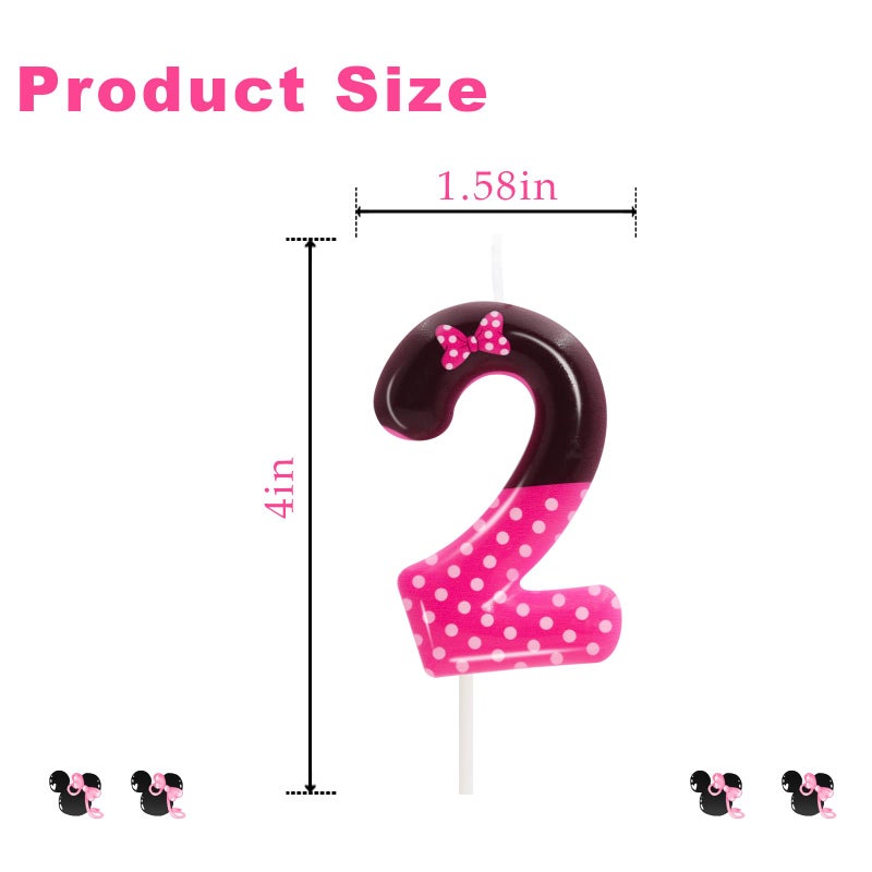 OGnomiFX 2nd Pink Black Birthday Candles for Girls, Pink Mouse Cake Topper Cupcake Decor, Cartoon Themed Birthday Party Decorations Supplies (Number 2) - Image 2