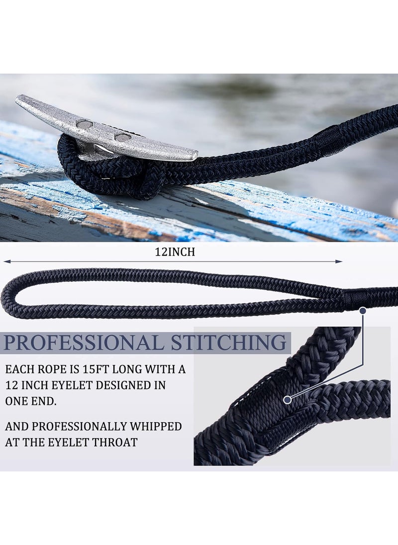 Nuenen 8 Pack 12 in x 15 ft Dock Lines and 4 Pack 6 in Boat Cleats Marine Grade Boat Rope Mooring Line with Eyelet Double Braided Nylon Dock Rope Marine Rope Pontoon Boat Accessories for Docking Black  - Image 4