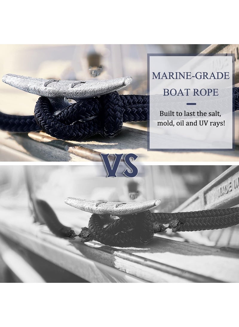 Nuenen 8 Pack 12 in x 15 ft Dock Lines and 4 Pack 6 in Boat Cleats Marine Grade Boat Rope Mooring Line with Eyelet Double Braided Nylon Dock Rope Marine Rope Pontoon Boat Accessories for Docking Black  - Image 5