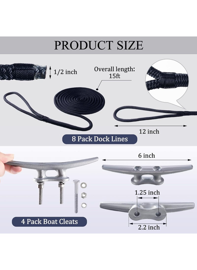 Nuenen 8 Pack 12 in x 15 ft Dock Lines and 4 Pack 6 in Boat Cleats Marine Grade Boat Rope Mooring Line with Eyelet Double Braided Nylon Dock Rope Marine Rope Pontoon Boat Accessories for Docking Black  - Image 2