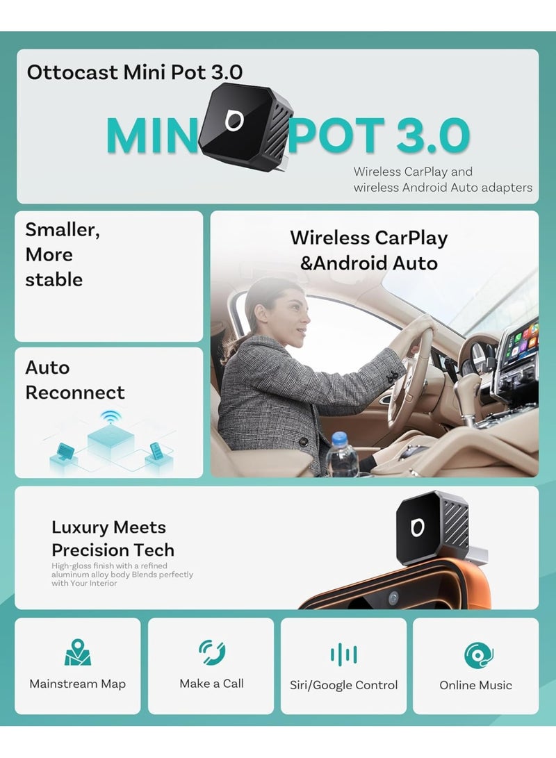 OTTOCAST Mini 3.0 Wireless Carplay Adapter & Android Auto Wireless Adapter - Image 3