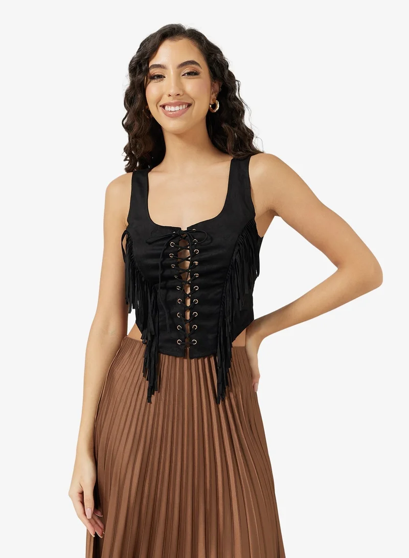 Ginger Tie Up Fringe Detail Corset Top