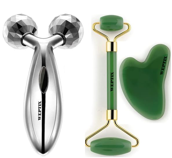 WEPTIX® 3D Manual Roller Face Body Massager With And Anti Aging 100% Natural Jade Stone Roller Msagger With Gua Sha Tools for Face and Body Massager- (3D.+Stone..,) - Image 1