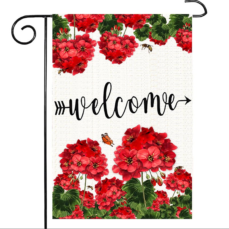 weizedm Spring Summer Geranium Welcome House Flag 12x18 Inch Double Sided Welcome Bee Red Floral Yard Flag Mothersâ€™ Day Yard Flags Summer Farmhouse Holiday Outside Decorations - Image 1