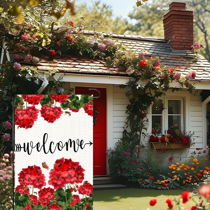weizedm Spring Summer Geranium Welcome House Flag 12x18 Inch Double Sided Welcome Bee Red Floral Yard Flag Mothersâ€™ Day Yard Flags Summer Farmhouse Holiday Outside Decorations - Image 5