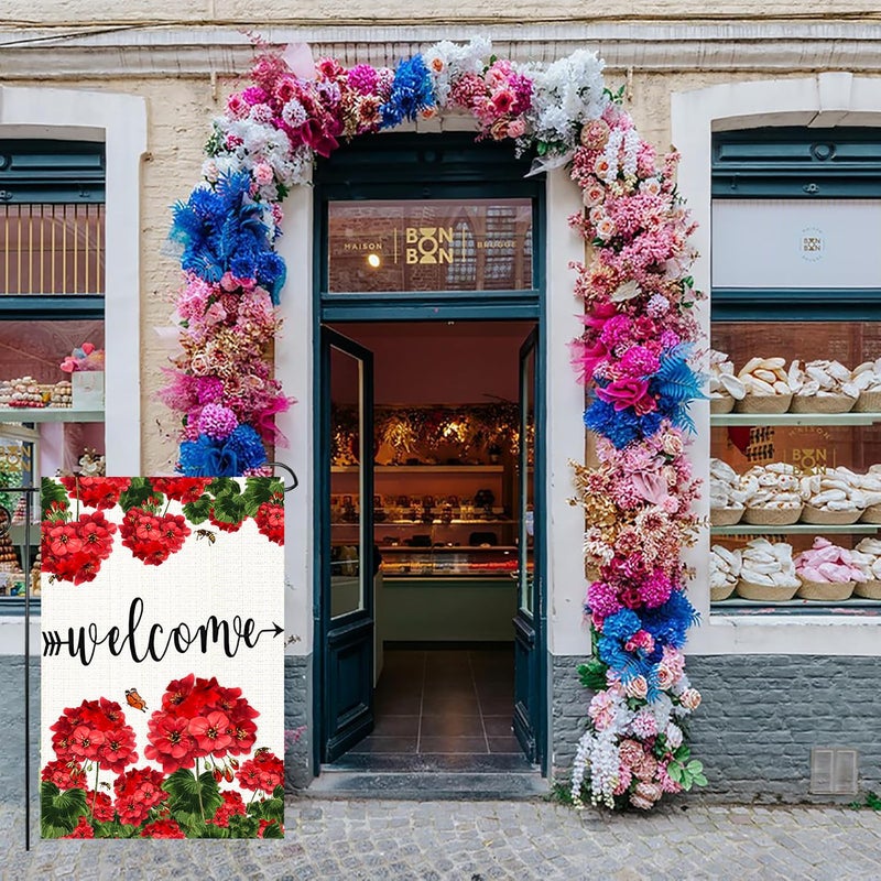 weizedm Spring Summer Geranium Welcome House Flag 12x18 Inch Double Sided Welcome Bee Red Floral Yard Flag Mothersâ€™ Day Yard Flags Summer Farmhouse Holiday Outside Decorations - Image 4