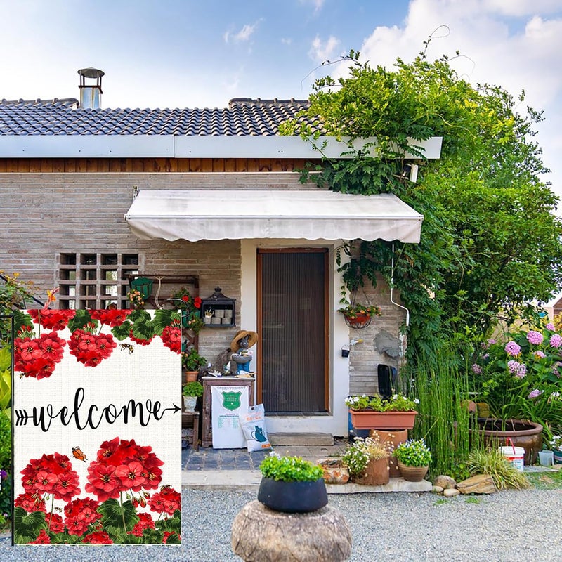 weizedm Spring Summer Geranium Welcome House Flag 12x18 Inch Double Sided Welcome Bee Red Floral Yard Flag Mothersâ€™ Day Yard Flags Summer Farmhouse Holiday Outside Decorations - Image 3
