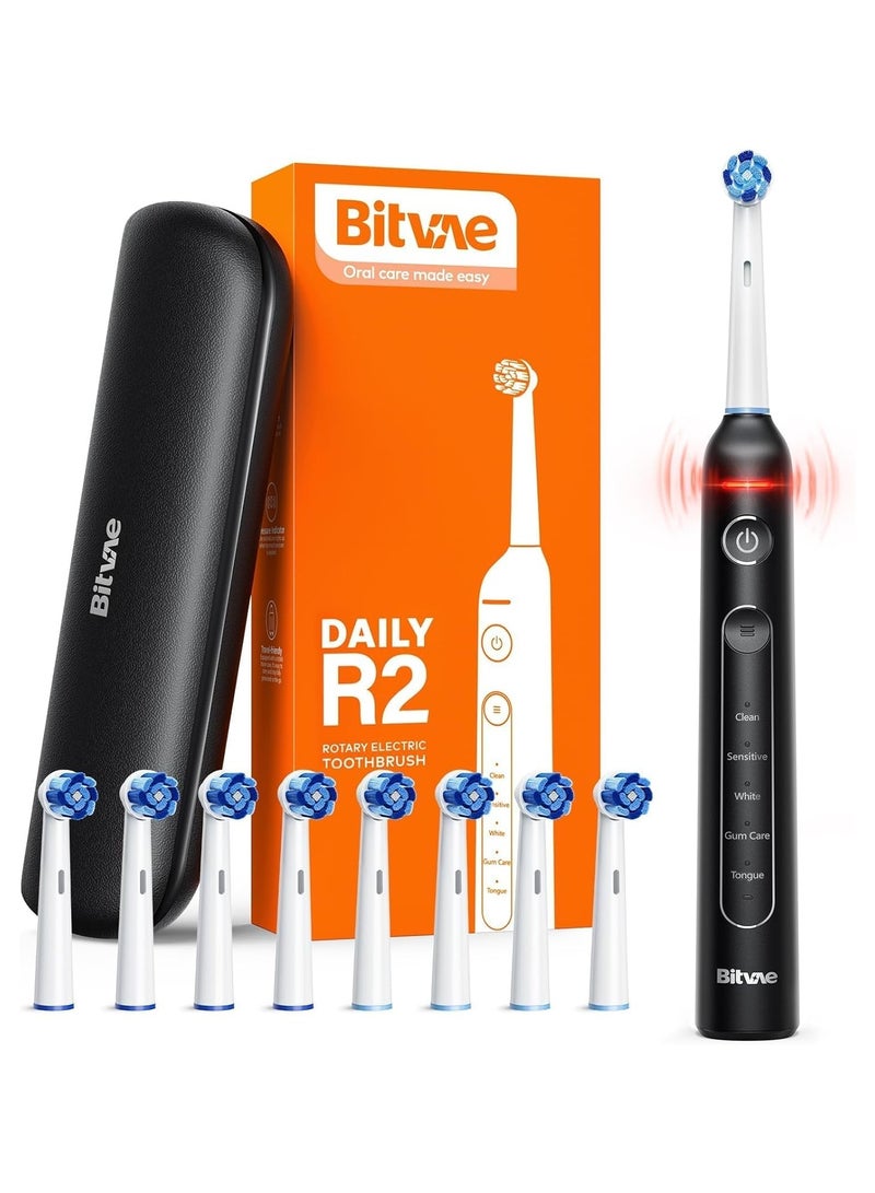 بيتفي فرشاة أسنان كهربائية دوارة R2 للبالغين مع 8 رؤوس فرشاة، حقيبة سفر، 5 أوضاع فرشاة أسنان كهربائية قابلة لإعادة الشحن مع مستشعر ضغط، شحن سريع لمدة 3 ساعات لمدة 30 يومًا، أسود - Image 1
