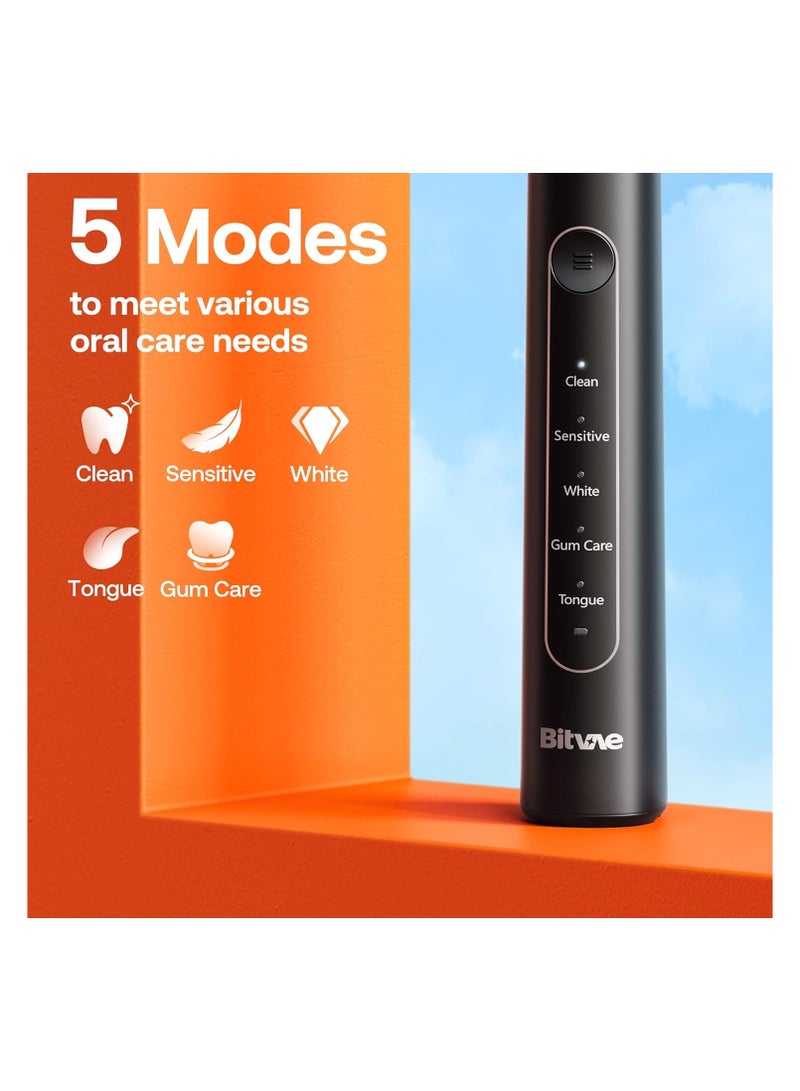 بيتفي فرشاة أسنان كهربائية دوارة R2 للبالغين مع 8 رؤوس فرشاة، حقيبة سفر، 5 أوضاع فرشاة أسنان كهربائية قابلة لإعادة الشحن مع مستشعر ضغط، شحن سريع لمدة 3 ساعات لمدة 30 يومًا، أسود - Image 5