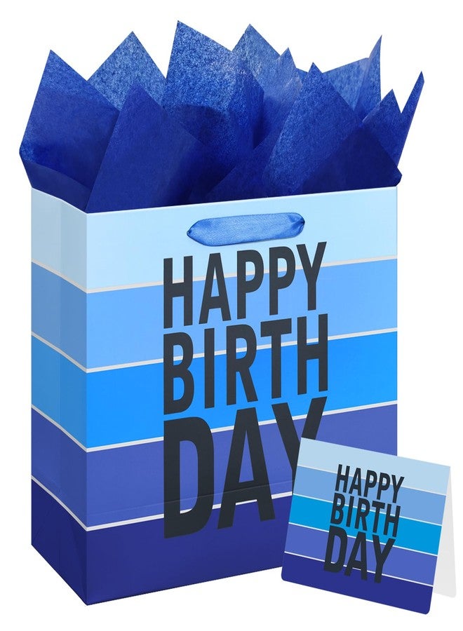 Laidans 13" Happy Birthday Gift Bag with Tissue Paper,Card and Handles for Men Boy Kid Birthday Party (Large Blue) - Image 1