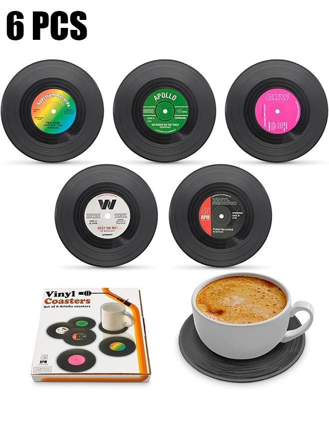 HY 6 Pcs Record Design Coasters With Gift Box, Vinyl Record Coasters For Drinks Novelty, Funny Absorbent Retro Style Home Decor, Diameter 4.1 - Image 1