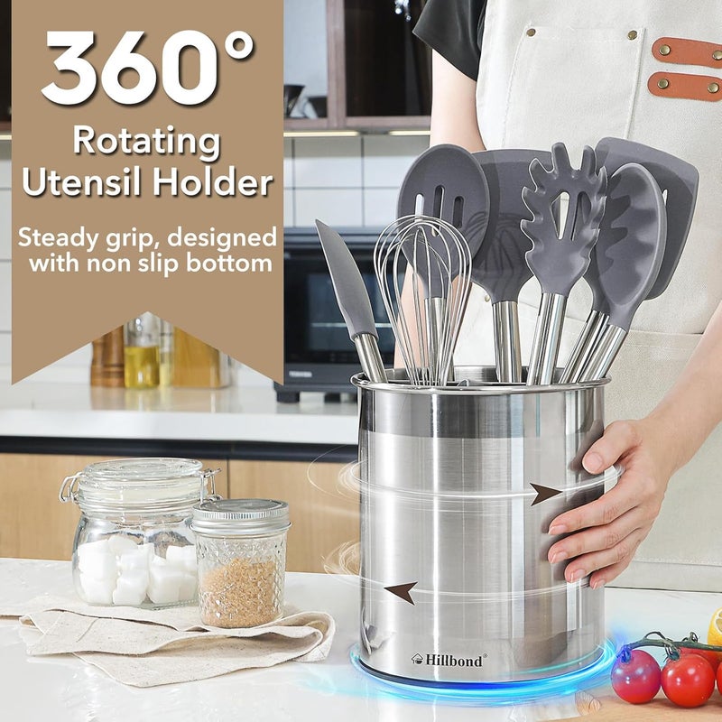 Hillbond Stainless Steel Utensil Holder for Kitchen Counter with Removable Divider, 6.9x7.5 inch Metal Utensil Holder for Countertop, 360° Rotating Spatula Crock for Cooking (EXTRA LARGE) - Image 5