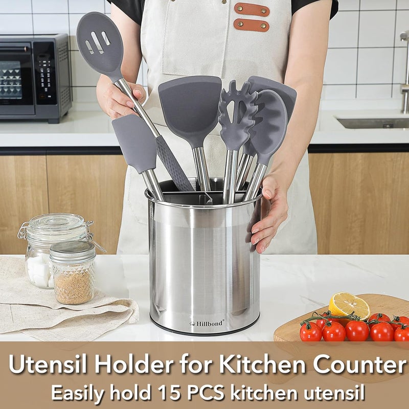 Hillbond Stainless Steel Utensil Holder for Kitchen Counter with Removable Divider, 6.9x7.5 inch Metal Utensil Holder for Countertop, 360° Rotating Spatula Crock for Cooking (EXTRA LARGE) - Image 2