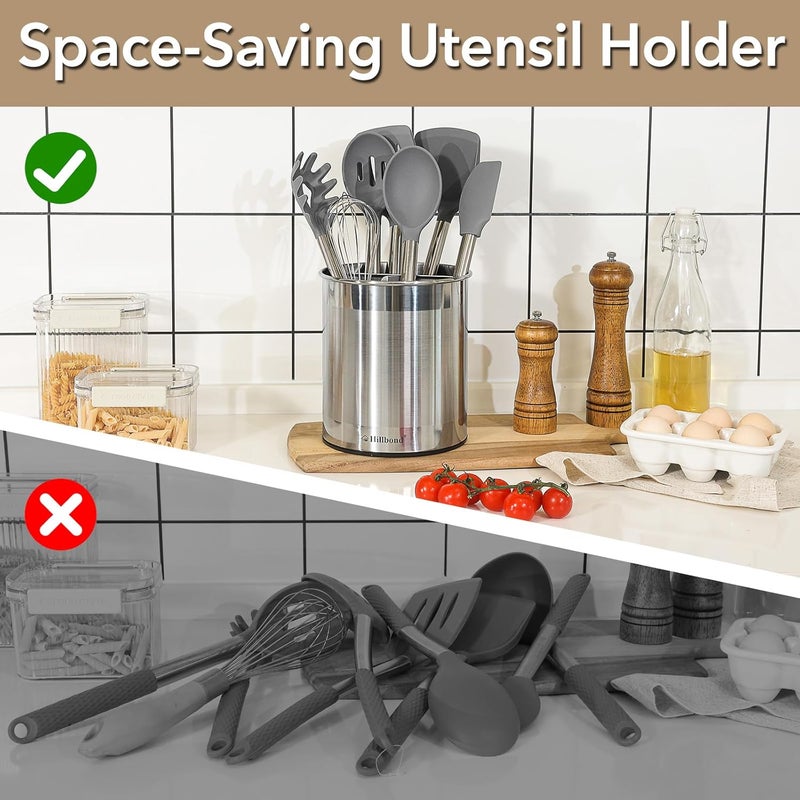 Hillbond Stainless Steel Utensil Holder for Kitchen Counter with Removable Divider, 6.9x7.5 inch Metal Utensil Holder for Countertop, 360° Rotating Spatula Crock for Cooking (EXTRA LARGE) - Image 4