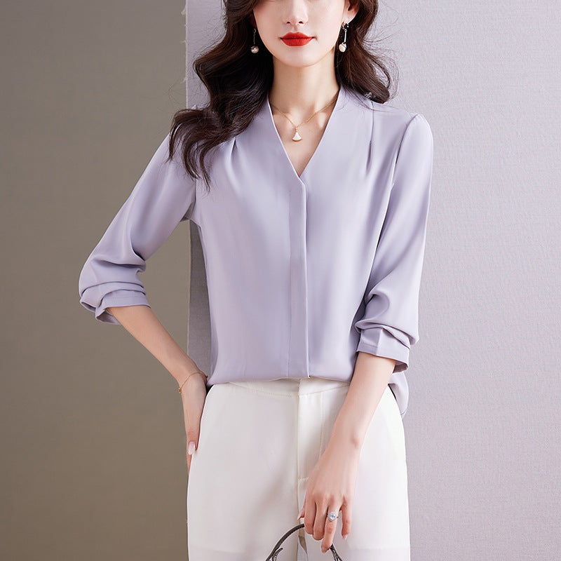 Autumn Elegant V-Neck Long Sleeve Shirt Womens Professional High-End Feel French Style Slim Fit Button-Up Top For Job Lotus root gray 