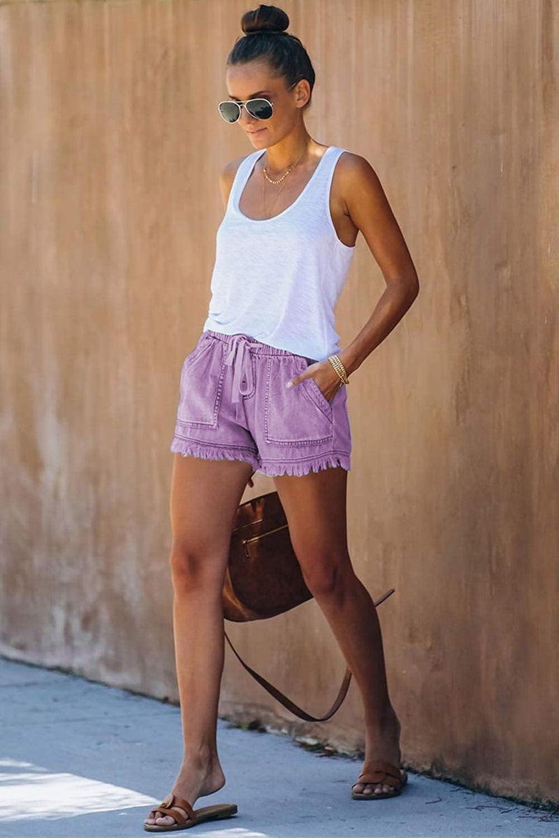 YOCUR Drawstring Denim Shorts for Women Cute Trendy Fringe Short Jeans Casual Vintage Hot Pants Loose Aesthetic Elastic Waist Kawaii Denim Shorts Purple XXL - Image 4