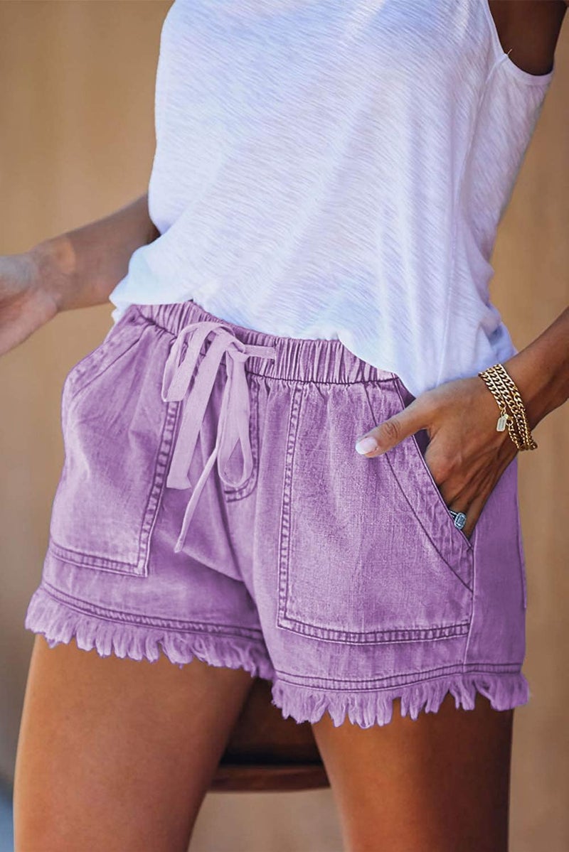 YOCUR Drawstring Denim Shorts for Women Cute Trendy Fringe Short Jeans Casual Vintage Hot Pants Loose Aesthetic Elastic Waist Kawaii Denim Shorts Purple XXL - Image 2