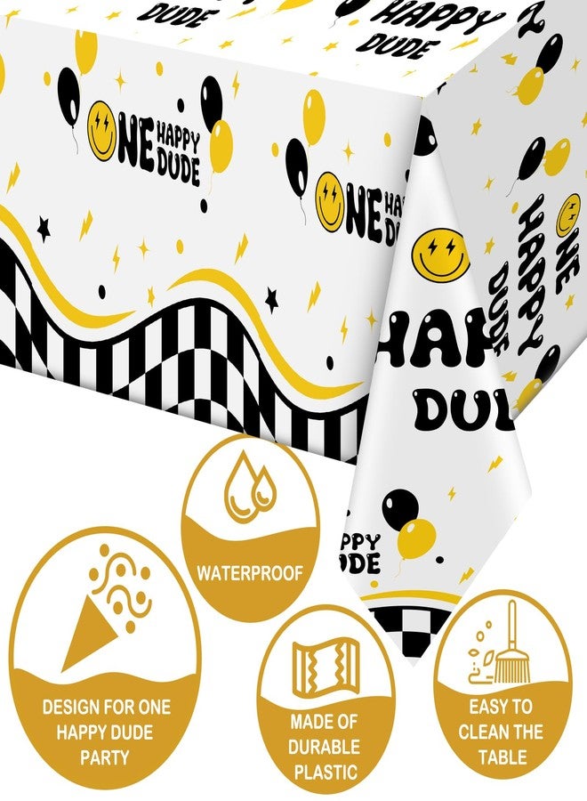 Suttmin 3 Pcs One Happy Dude Table Cloth One Happy Dude Birthday Decorations Plastic Smile Face Party Tablecloths 1st Birthday Table Cover for Hippie First Party Decor Supplies, 51 x 108 Inch - Image 5