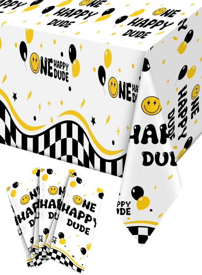 Suttmin 3 Pcs One Happy Dude Table Cloth One Happy Dude Birthday Decorations Plastic Smile Face Party Tablecloths 1st Birthday Table Cover for Hippie First Party Decor Supplies, 51 x 108 Inch - Image 1