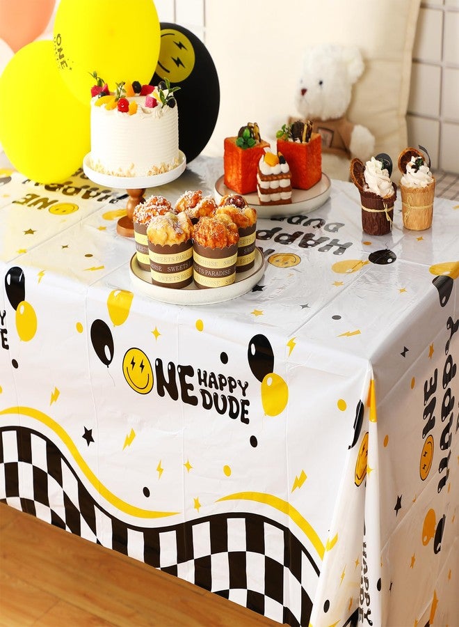 Suttmin 3 Pcs One Happy Dude Table Cloth One Happy Dude Birthday Decorations Plastic Smile Face Party Tablecloths 1st Birthday Table Cover for Hippie First Party Decor Supplies, 51 x 108 Inch - Image 2