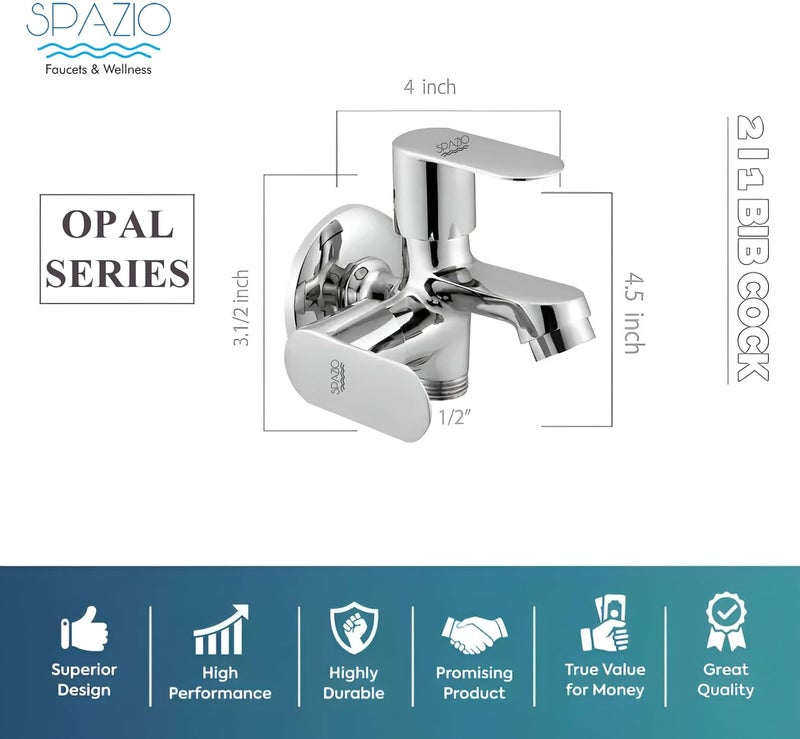 Spazio Opal Series Brass 2 Way Bib Cock 2 in 1 Tap Pack of 1 for Bathroom Kitchen Chrome Finish Silver Plated Twin Elbow Valve Faucet Wall Mount Installation Type - Image 2