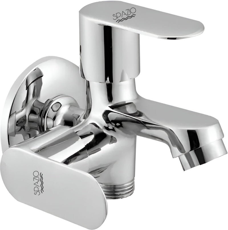 Spazio Opal Series Brass 2 Way Bib Cock 2 in 1 Tap Pack of 1 for Bathroom Kitchen Chrome Finish Silver Plated Twin Elbow Valve Faucet Wall Mount Installation Type - Image 1