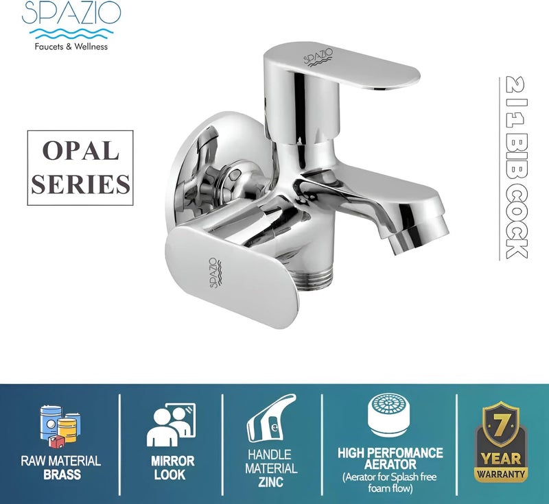 Spazio Opal Series Brass 2 Way Bib Cock 2 in 1 Tap Pack of 1 for Bathroom Kitchen Chrome Finish Silver Plated Twin Elbow Valve Faucet Wall Mount Installation Type - Image 3