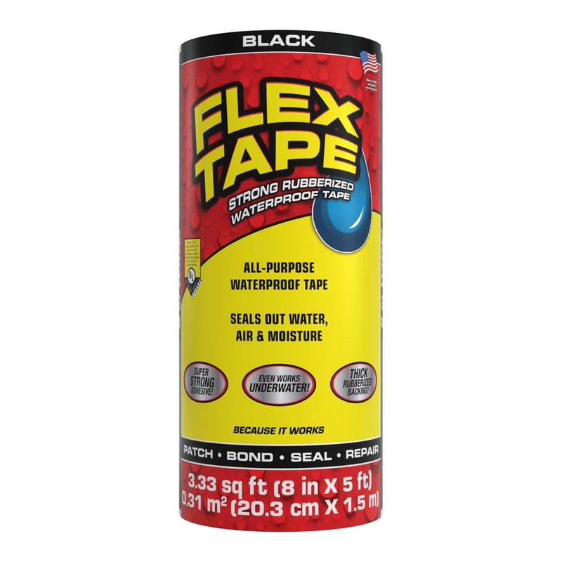 Flex Tape, Original Thick Flexible Rubberized Waterproof Tape - Seal and Patch Leaks, Works Underwater, Indoor Outdoor - Home RV Roof Plumbing and Pool Repairs, Black, 8 in x 5 ft, Pack of 1 - Image 1