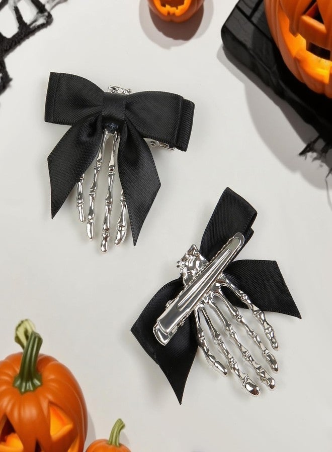 AIBFRID 2 Pcs Halloween Skeleton Hand Hair Clips with Bowknot Cute Skull Hand Hair Clip for Women Party Cosplay Hair Accessories - Image 3